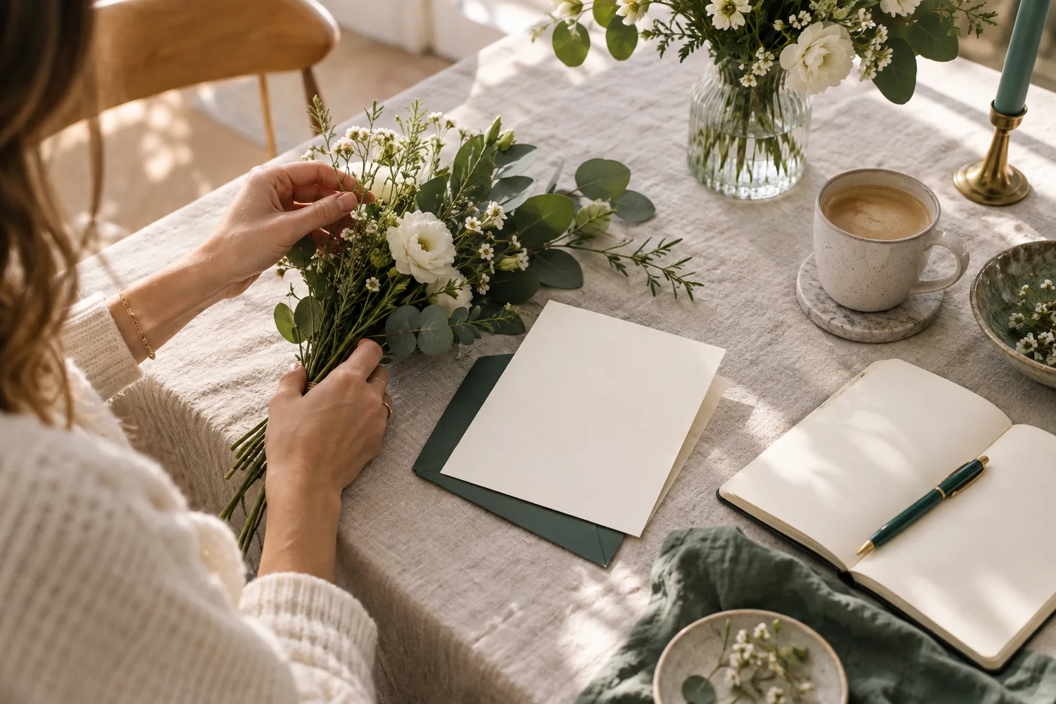 An invitation and flowers being prepared for a celebration