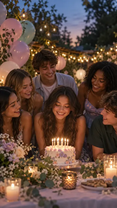 Sweet sixteen garden party with friends and lights